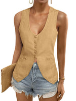 Load image into Gallery viewer, Tankaneo Womens Scoop Neck Blazer Vest Summer Linen Sleeveless Fitted Waistcoat Work Casual Cotton Suit Tops
