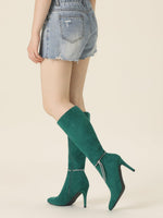 Load image into Gallery viewer, Allegra K Women&#39;s Rhinestone Chain Pointed Toe Stiletto Heels Green Knee High Boots 9 M US
