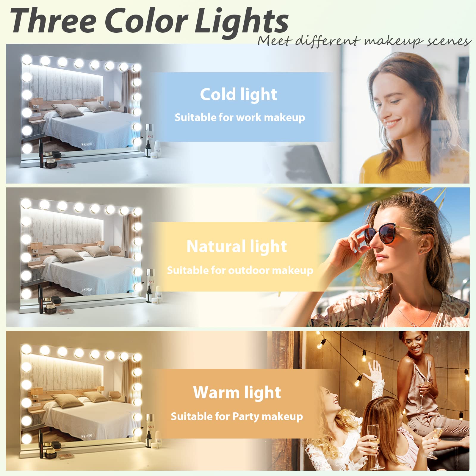 COOLJEEN Large Hollywood Vanity Mirror with Lights Bluetooth 18 Dimmable LED Bulbs, 3 Color Modes Lighted Makeup Mirror with USB Charging Port