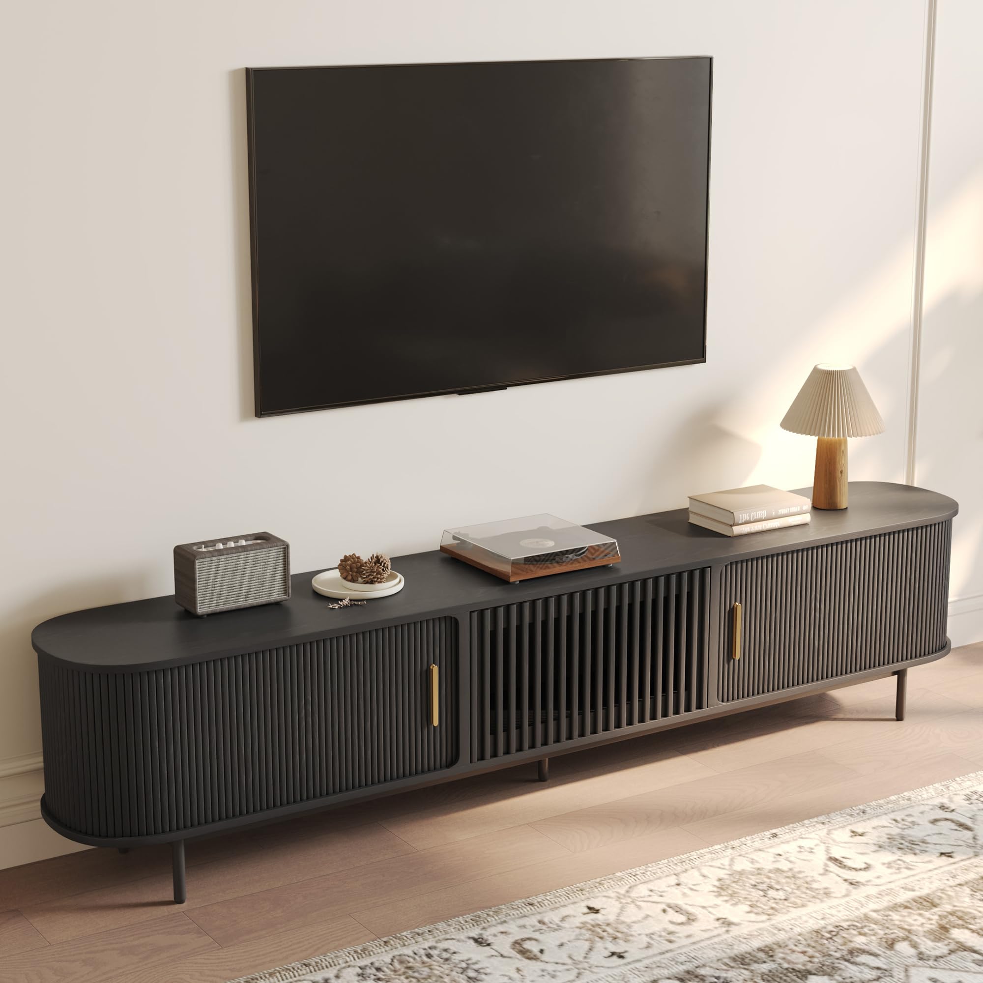 POVISON Mid Century Modern TV Stand for 75+ inch TV, Sliding Door Entertainment Center with Storage, Wood TV Console, Media Console for Living Room Bedroom, Fully-Assembled (Black, 94.49")