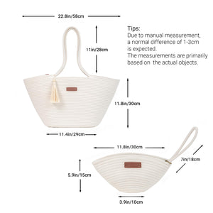 Large Woven Tote & Small Handbag Set for Women, Cotton Rope Shoulder Bag for Beach Pool Travel Weekends, Purse for Essentials (White)