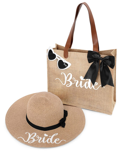 Percozzi Bride Set Including Tote Bag, Sun Hat, and Glasses for Honeymoon, Beach, Bridal Shower, and Summer Wedding Gifts