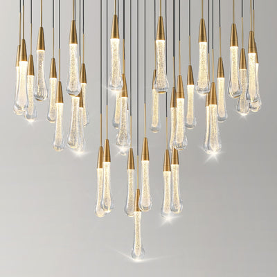 34-Light Gold Chandeliers for High Ceilings, Large Raindrop Chandelier for Foyer, Entryway, Staircase, Luxury Long Big Hanging Light Fixtures with Glass, Brass Pendant Light Fixtures Living Room