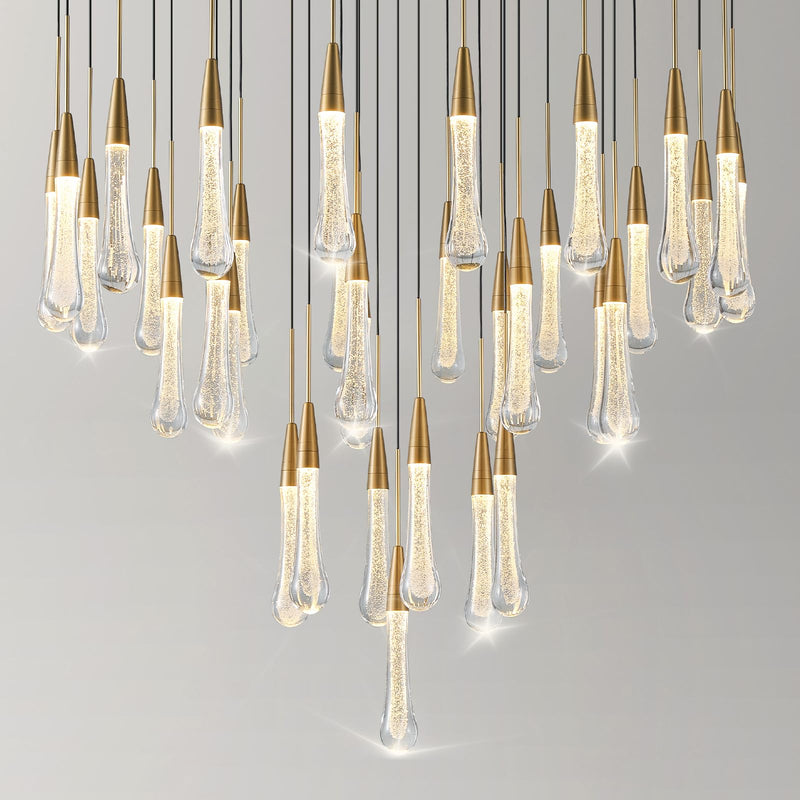 34-Light Gold Chandeliers for High Ceilings, Large Raindrop Chandelier for Foyer, Entryway, Staircase, Luxury Long Big Hanging Light Fixtures with Glass, Brass Pendant Light Fixtures Living Room