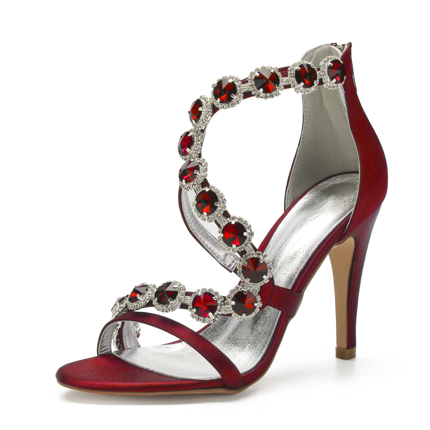 Women's Bridal Wedding Sandals High Heels Crystal Satin Ankle Strap Rhinestones Zipper Back Formal Evening Prom Party Dress Shoes Pumps Burgundy