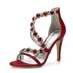 Load image into Gallery viewer, Women&#39;s Bridal Wedding Sandals High Heels Crystal Satin Ankle Strap Rhinestones Zipper Back Formal Evening Prom Party Dress Shoes Pumps Burgundy
