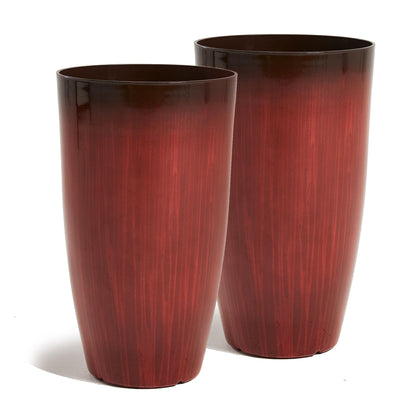 Worth Garden 23.5" H. Large Plastic Planters - Set of 2 Gradient Red Glossy Smooth Finish - Tall Plant Pots for Indoor & Outdoor Use - Decorative Lightweight Flower Pots for Front Porch, Patio, Deck