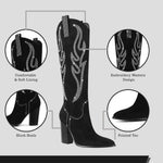 Load image into Gallery viewer, Celbreez Black Cowboy Boots for Women Suede Knee High Western Boots Rhinestone Embroidered Cowgirl Boots Wide Calf Pointed Toe Side Zip Long Boots Chunky Heel Tall Boots
