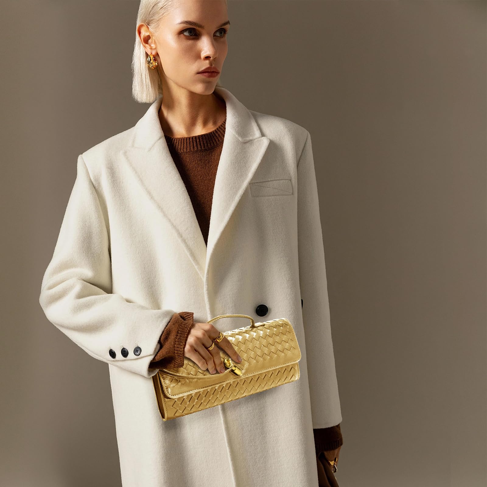 Jumping Deer Woven Clutch Purses for Women, Gold Clutch Formal Satchel Leather Evening Bag Shoulder Handbag, Gold