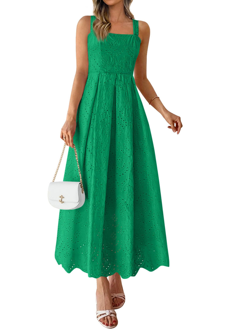 PRETTYGARDEN Womens Sleeveless Maxi Summer Dresses 2026 Hollow Out Eyelet Square Neck Ruffle Flowy Beach Vacation Sundress (Green,Medium)
