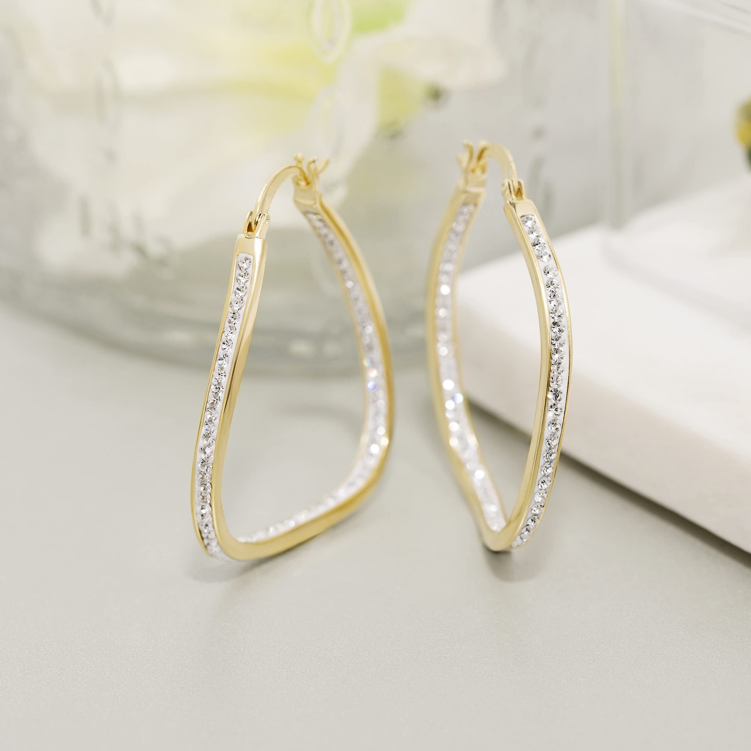 Devin Rose Wavy Oval 40mm Hoop Earrings for Women made with Faceted Crystals in Yellow Gold Plated Brass