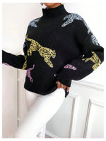 Load image into Gallery viewer, WDIRARA Women&#39;s High Neck Sweater Leopard Pattern Long Sleeve Fuzzy Knitted Pullover Top Black Medium
