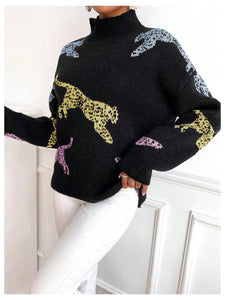 WDIRARA Women's High Neck Sweater Leopard Pattern Long Sleeve Fuzzy Knitted Pullover Top Black Medium