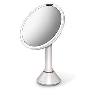simplehuman Sensor Mirror, Lighted Makeup Mirror with Magnification (5X), 8" Round Magnifying Vanity Mirror with Lights, Cordless, White Stainless Steel