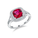 Load image into Gallery viewer, RANDES Cushion Cut Ruby Birthstone Ring Sterling Silver 3 Carat Engagement Rings Double Halo Red Stone Promise Wedding Ring Size 6
