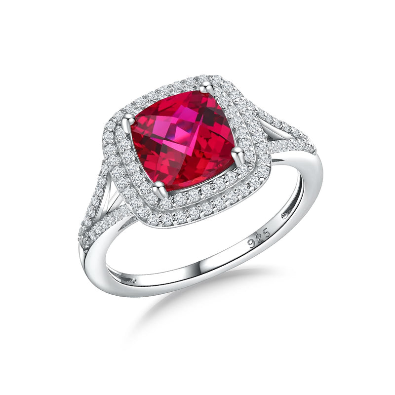 RANDES Cushion Cut Ruby Birthstone Ring Sterling Silver 3 Carat Engagement Rings Double Halo Red Stone Promise Wedding Ring Size 6