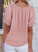 Load image into Gallery viewer, EVALESS Womens Tops Spring Summer Fashion Clothes 2025 Pink Short Sleeve Shirts Blouses for Women Dressy Casual Holiday Outfits for Work Cute Round Neck Basic Pleated Tops Off Shoulder Blouse, Medium
