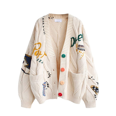 Women's Cable Knit Long Sleeve Open Front Cardigan Sheep V-Neck Button Down Embroidery Wool Blend Sweater Coat Outwear (S,Beige)