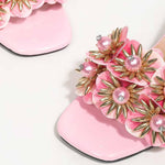 Load image into Gallery viewer, DONRRNDK Women's Pink Flower Block Heel Slides 3D Floral Pearl Decor Open Toe Mule Sandals Elegant Chunky Heel Slip-On Shoes for Wedding Party (Pink,11)
