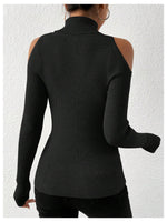 Load image into Gallery viewer, SOLY HUX Women's Cold Shoulder Sweater High Neck Long Sleeve Pullover Lightweight Ribbed Knit Jumper Tops Solid Black Large
