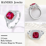 Load image into Gallery viewer, RANDES Cushion Cut Ruby Birthstone Ring Sterling Silver 3 Carat Engagement Rings Double Halo Red Stone Promise Wedding Ring Size 6
