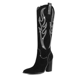 Load image into Gallery viewer, Celbreez Black Cowboy Boots for Women Suede Knee High Western Boots Rhinestone Embroidered Cowgirl Boots Wide Calf Pointed Toe Side Zip Long Boots Chunky Heel Tall Boots
