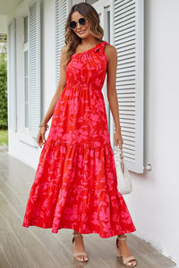 PRETTYGARDEN Women's Summer Floral Maxi Dress Knot One Shoulder Sleeveless Ruffle Flowy Boho Beach Wedding Guest Dresses (Red Floral,Small)