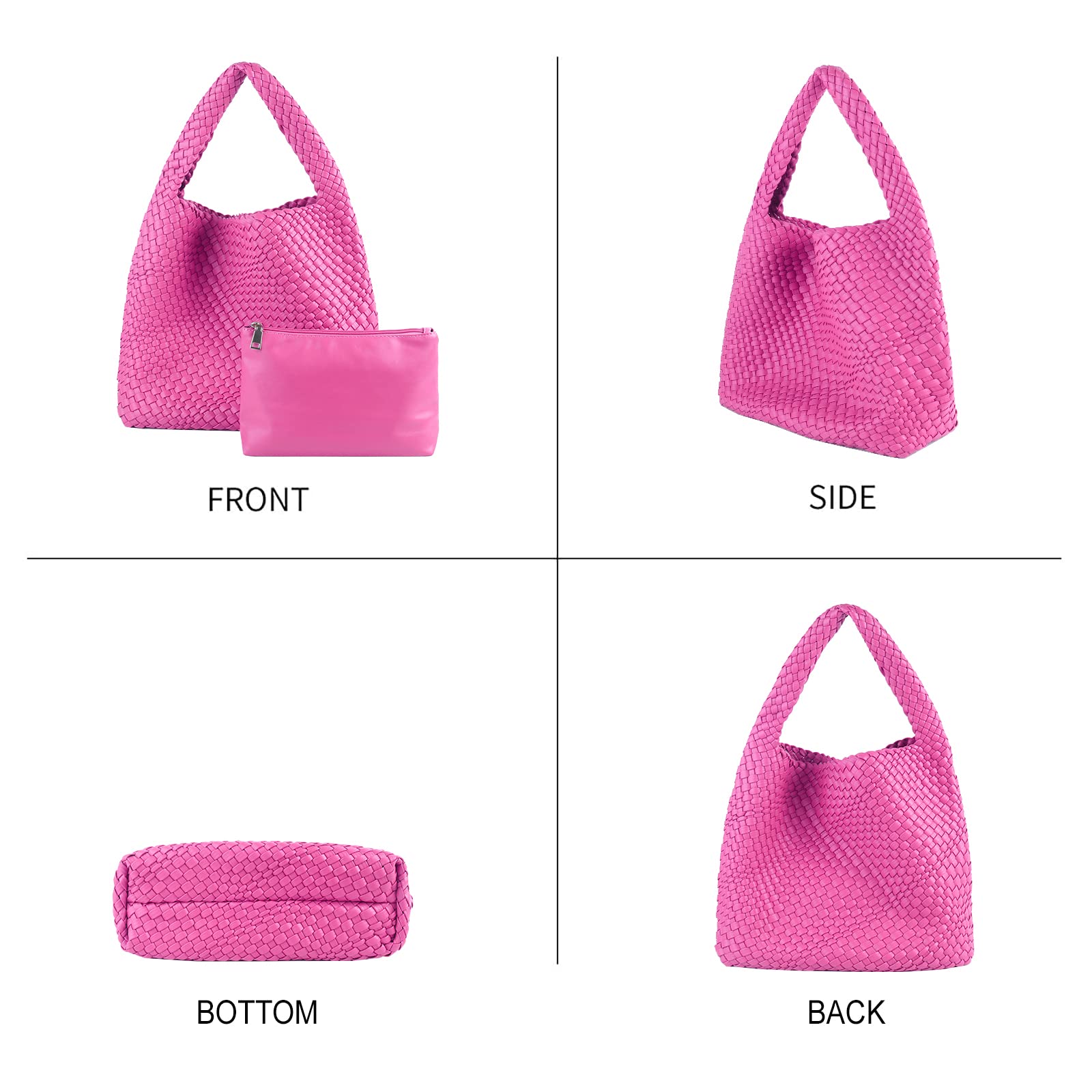 LMKIDS Women Vegan Leather Hand-Woven Tote Handbag Fashion Shoulder Top-handle Bag All-Match Underarm Bag with Purse (Rose Red)