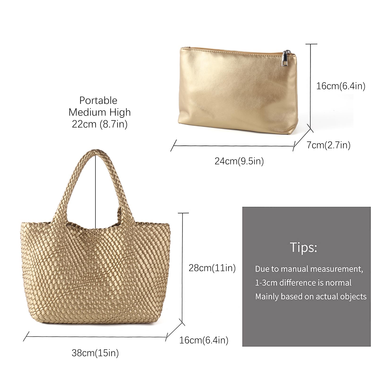 SLHFPX Handmade Woven Bag Handbag For Women Vegan Leather Tote Bag With Purses Travel Shoulder Bag Underarm Bag Beach Bag Gold, 240516-2025-07