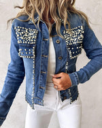 Load image into Gallery viewer, LifeShe Women's Pearls Denim Jacket Cropped Rhinestones Jean Blazer Coat
