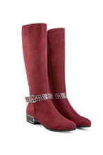 Load image into Gallery viewer, ANN CREEK Women's 'Orizea' Low Block Heel Beehive Patterned Straps Faux Suede Boots, Chunky Heel Zip Riding Knee High Almond Toe Tall Pointed Toe Buckle Long Boots Burgundy - 7
