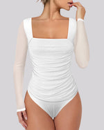 Load image into Gallery viewer, Chunpin Women's Bodysuits Square Neck Long Sleeve Bodysuits Mesh Ruched Thong Body Suit Outfits Going Out Tops White XXL
