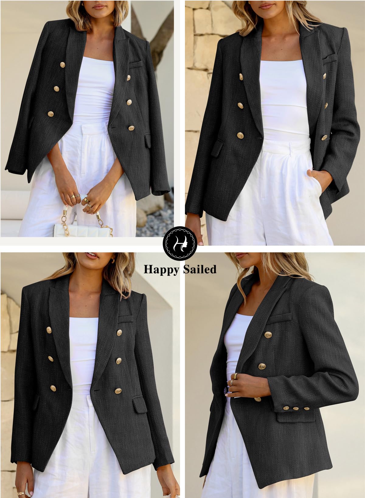 Happy Sailed Double Breasted Tweed Blazers for Women Slim Fitted Professional Lapel Collar Office Blazer Jackets Fall Long Sleeve Open Front Business Suits for Work Black Medium