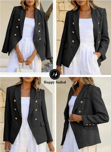 Happy Sailed Double Breasted Tweed Blazers for Women Slim Fitted Professional Lapel Collar Office Blazer Jackets Fall Long Sleeve Open Front Business Suits for Work Black Medium