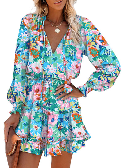 Dokotoo Sun Dresses for Women 2025 Resort Wear V Neck Ruffle Tiered Chiffon Smocked Long Sleeve Boho Hawaiian Floral Dress Beach Vacation Clothes Casual Mini Short Dress Sundress Sky Blue Medium