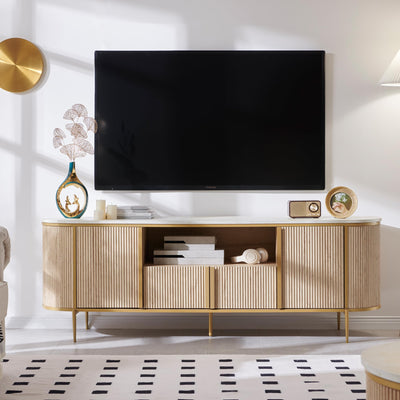 OKD Luxury 70" Fluted TV Stand, Modern Chic Entertainment Center for TVs Up to 80 inches, TV Console with Faux Marble Top, Curved Profile Design, Media Console for Living Room, Natural Oak