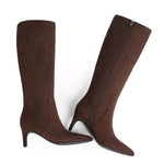 Load image into Gallery viewer, QIY Tall Boots for Women Brown Knee High Boots Kitten Heel Pointed Toe Winter Fall Dressy Suede Boots Size 8.5
