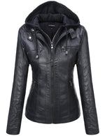 Load image into Gallery viewer, Tanming Womens Faux Leather Jacket Hooded Moto Biker Coat Outerwear Fall Fashion Outfits Winter Clothes
