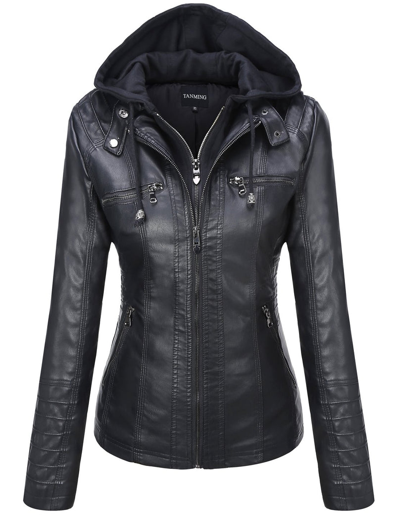 Tanming Womens Faux Leather Jacket Hooded Moto Biker Coat Outerwear Fall Fashion Outfits Winter Clothes