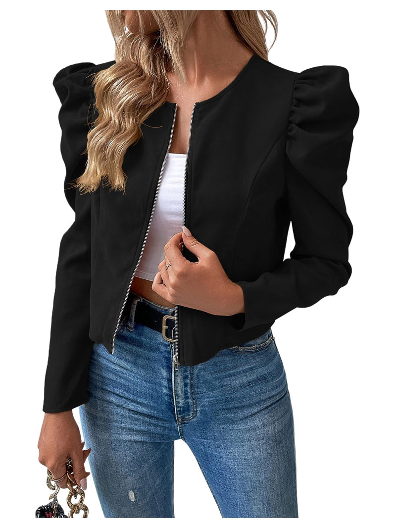SOLY HUX Women's Zip Up Jacket Puff Long Sleeve Cropped Jacket Casual Outerwear Plain Black Medium