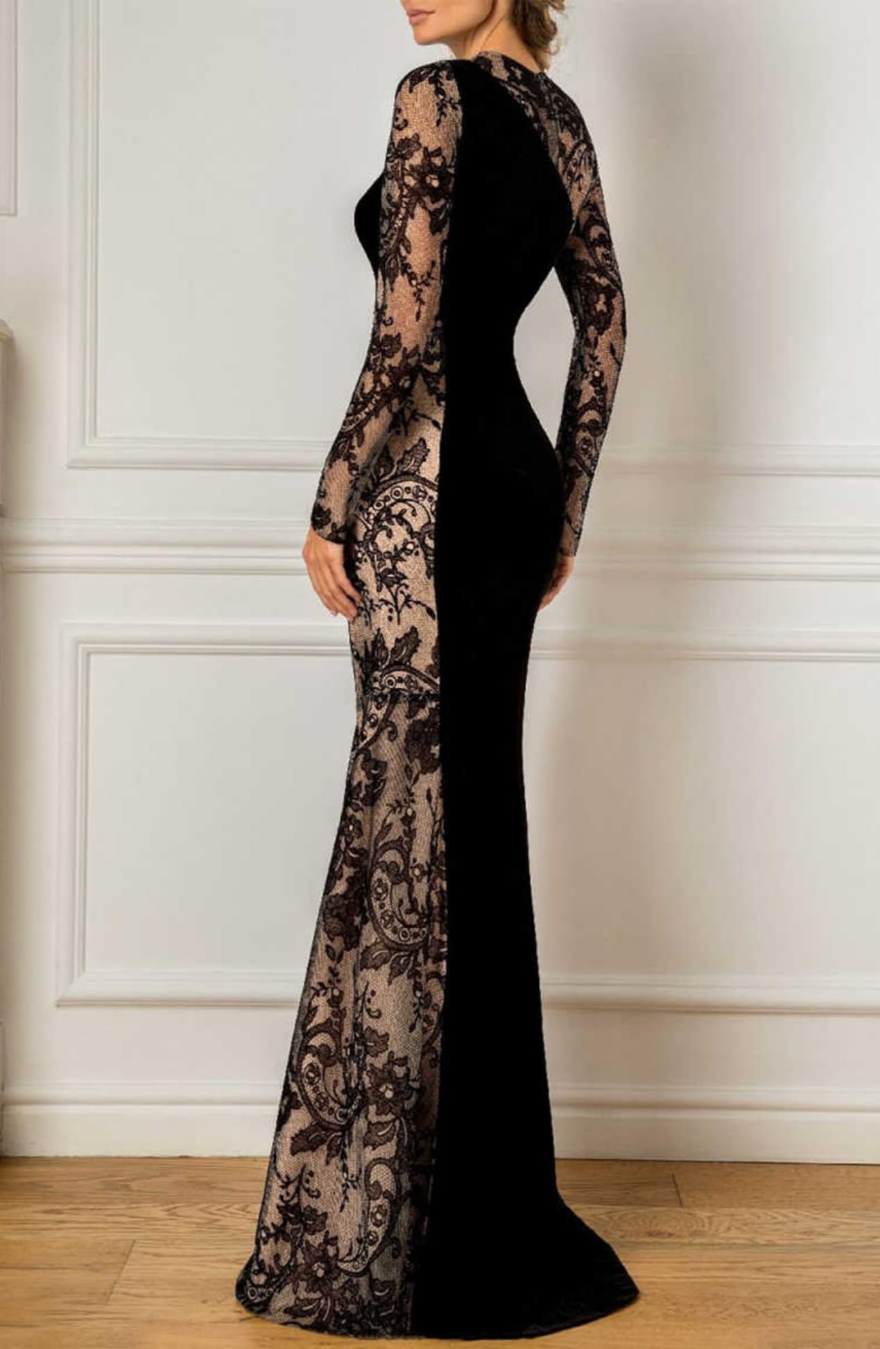 YDDSPDN Mother of The Bride Dresses Floor Length Jewel Neck Long Sleeves Lace Mermaid Wedding Guest Formal Dresses Black