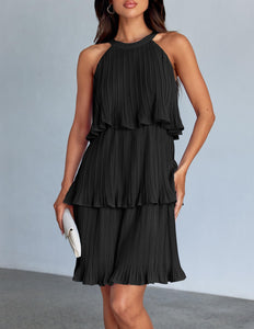ZESICA Women's 2025 Summer Halter Dresses Sleeveless Ruffle Tiered Layered Chiffon Pleated A Line Swing Mini Dress,DarkBlack,Medium