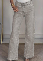 Load image into Gallery viewer, Famnbro Womens Rhinestone Jeans Baggy Y2K High Waisted Straight Wide Leg Sparkly Bling Glitter Denim Pants Light Grey

