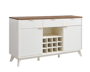 OKD Fluted Wine Bar Cabinet for Liquor, 60" Modern Coffee Bar Cabinet w/Wine & Glass Rack, Large Buffet Sideboard w/ 3 Storage Drawers & Adjustable Shelves for Home, Dining Room, Kitchen, Solid White