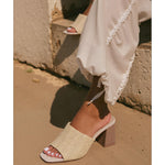 Load image into Gallery viewer, Ancomafio Women&#39;s Heeled Sandals Raffia Heels Square Open Toe Heels Backless Mules Slip On Block Heels Nude Size 8
