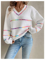Load image into Gallery viewer, Verdusa Women&#39;s Striped Oversized Sweaters Vacation Drop Shoulder Pullover Fall Cozy Sweater for Women White X-Small

