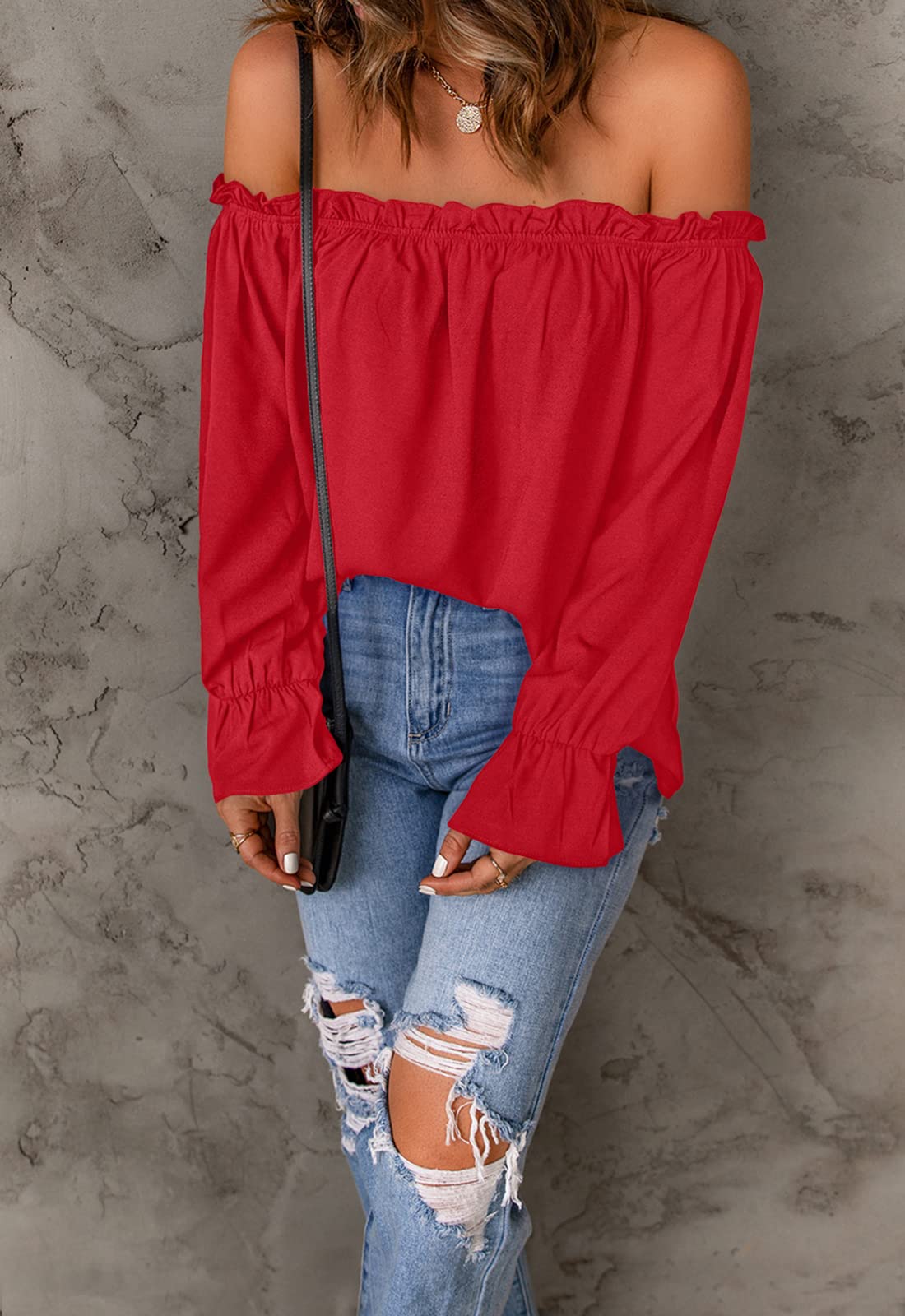 Spriolim Womens Off Shoulder Blouse Long Sleeve Casual Elegant Ruffle Chiffon Top Red, Large