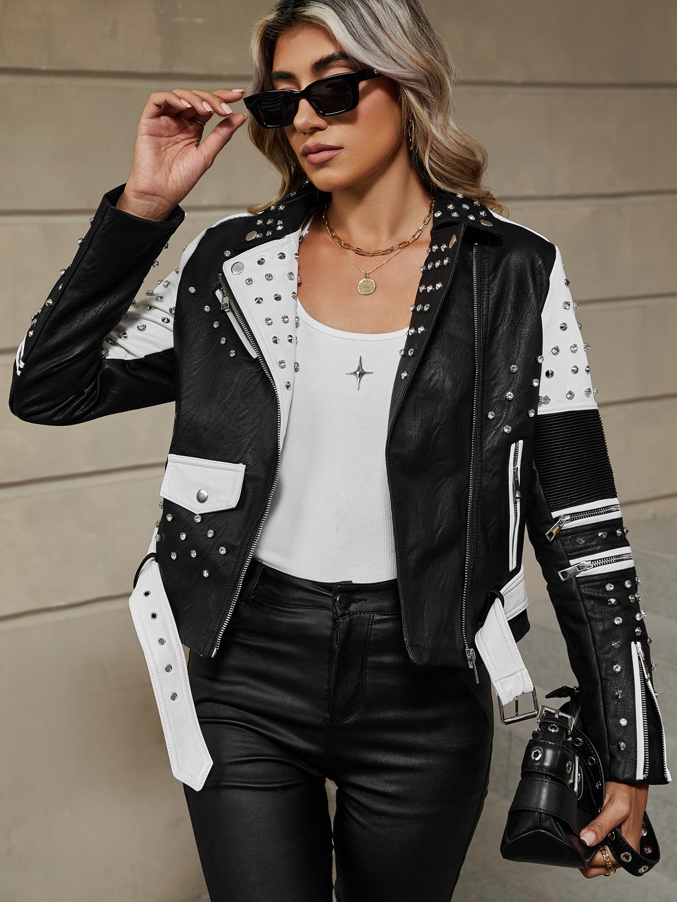 Bellivera Women Faux Leather Jacket Studded Rivet Floral Moto Biker Coat 0376A Blackwhite M