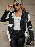 Load image into Gallery viewer, Bellivera Women Faux Leather Jacket Studded Rivet Floral Moto Biker Coat 0376A Blackwhite M
