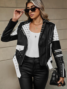 Bellivera Women Faux Leather Jacket Studded Rivet Floral Moto Biker Coat 0376A Blackwhite M